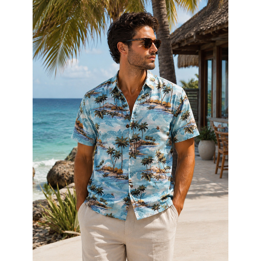 Tropical vibes Island shores mens camp shirt size small Vacation Summer Beachy